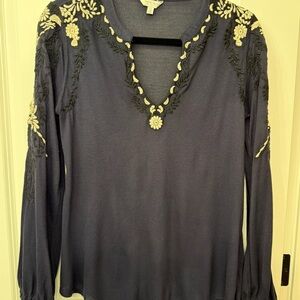 Lucky Brand Navy Blue V- Neck Top with Cream & Black Embroidery